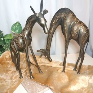 Pair Vintage Brass African Giraffes Made in India Etched Figurines